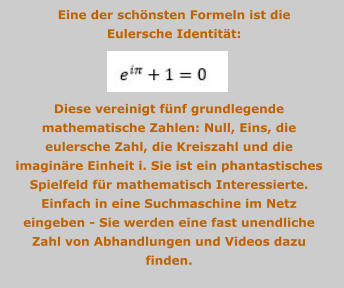 Eine der schnsten Formeln ist die Eulersche Identitt:  Diese vereinigt fnf grundlegende mathematische Zahlen: Null, Eins, die eulersche Zahl, die Kreiszahl und die imaginre Einheit i. Sie ist ein phantastisches Spielfeld fr mathematisch Interessierte. Einfach in eine Suchmaschine im Netz eingeben - Sie werden eine fast unendliche Zahl von Abhandlungen und Videos dazu finden.
