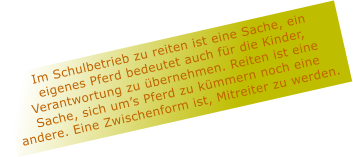 Im Schulbetrieb zu reiten ist eine Sache, ein eigenes Pferd bedeutet auch fr die Kinder, Verantwortung zu bernehmen. Reiten ist eine Sache, sich ums Pferd zu kmmern noch eine andere. Eine Zwischenform ist, Mitreiter zu werden.